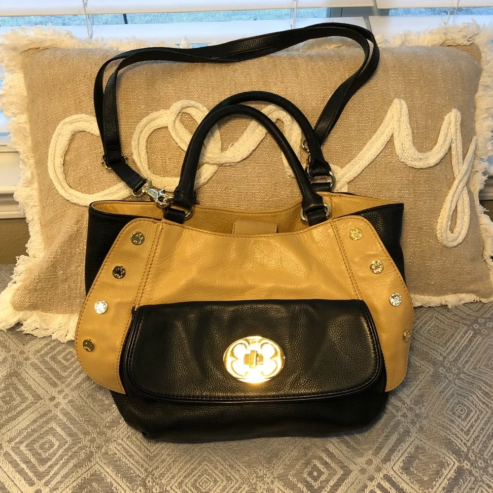 Emma Fox Large Tan/Black Leather Gold accent Purse